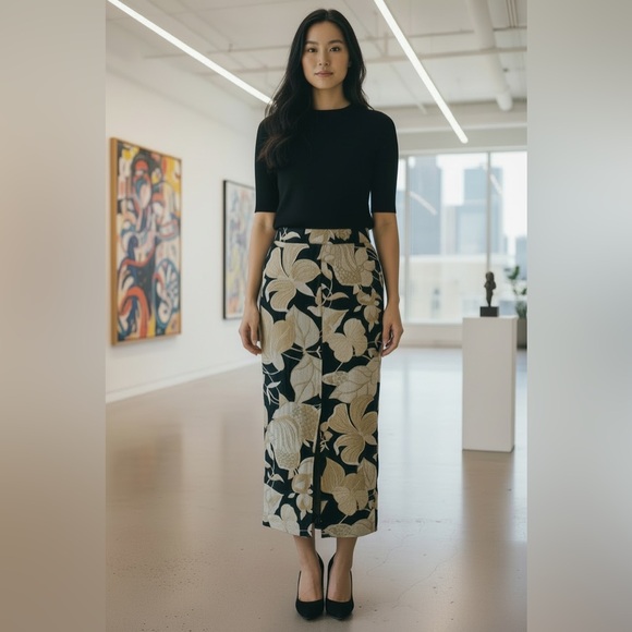 REISS (6) Floral Axelle Midi 100% Linen Skirt Front Slit Black Cream Slim Fit - Picture 15 of 15